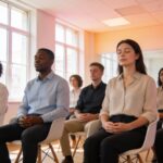 Séance de sophrologie en entreprise - collaborateurs pratiquant des exercices de relaxation