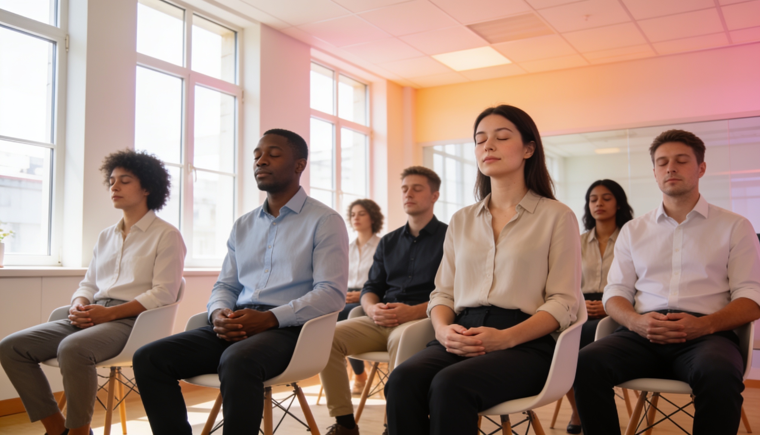 Séance de sophrologie en entreprise - collaborateurs pratiquant des exercices de relaxation